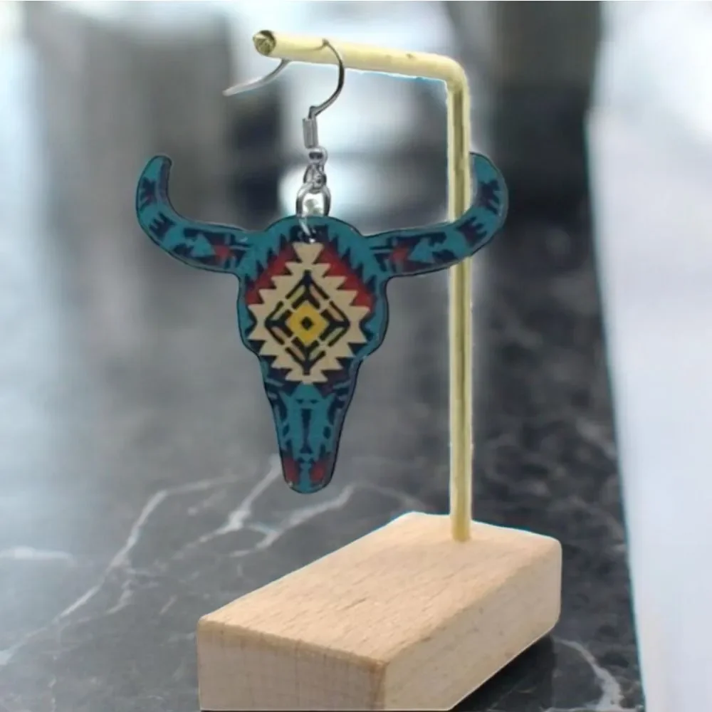 Longhorn Skull Earrings Southwestern Cowgirl Aztec Steer Western Wood Dangle